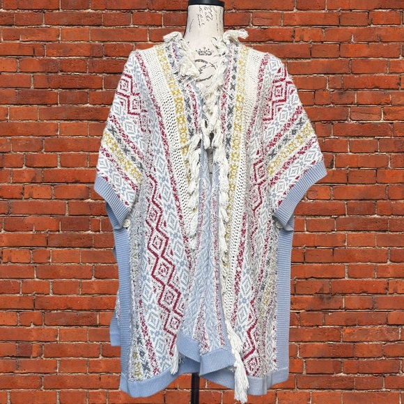 Cabi Red and Gray Knit Poncho with Fringe - Picture 1 of 4